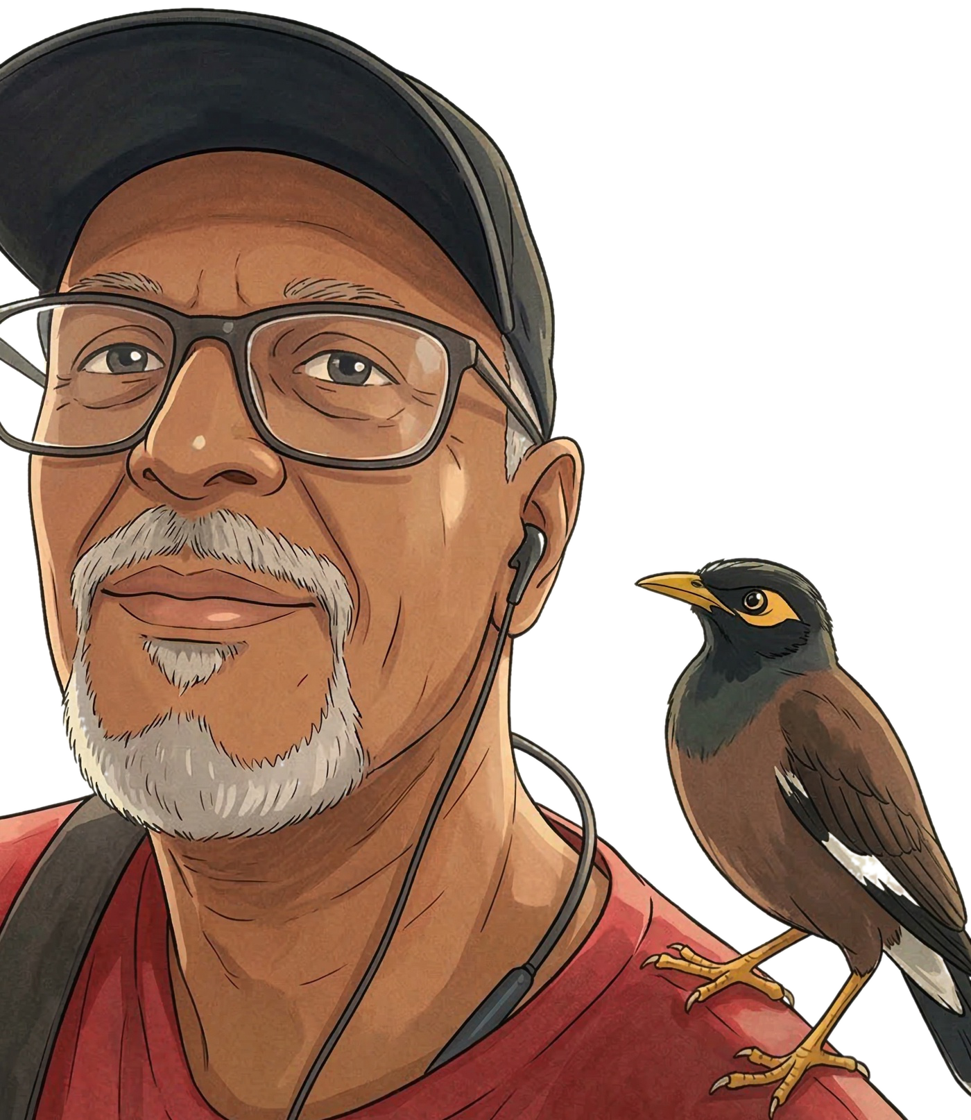 Ghibli-style cutout of Tony and a myna bird from Farmlife